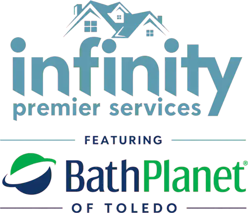 Red banner logo for Infinity Premier Services featuring BathPlanet Toledo, with teal text and a house-roof icon above.