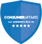 Blue shield badge reading 'CONSUMER AFFAIRS' with the slogan 'our customers love' and five stars, conveys a trust/happiness badge.
